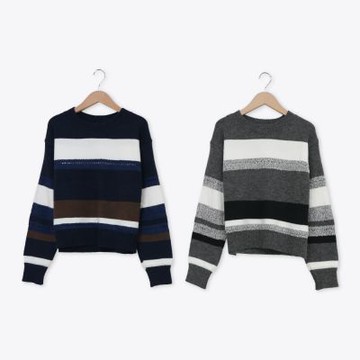 【MASTINA】條紋設計針織上衣 深藍 灰(魅力商品)