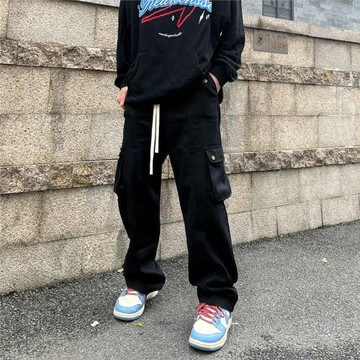 scs想文美式街頭重工多口袋抽繩工裝褲男女hiphop寬松直筒長褲潮