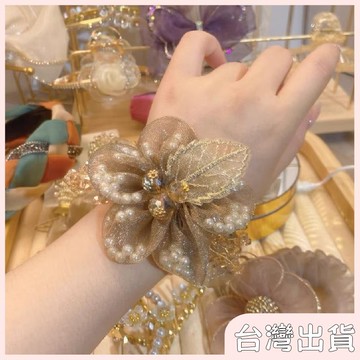 ✨臺灣出貨✨【飾飾如意】精緻歐根紗頭繩米珠太陽花大腸髮圈頭花女扎頭髮高級感扎馬尾頭飾