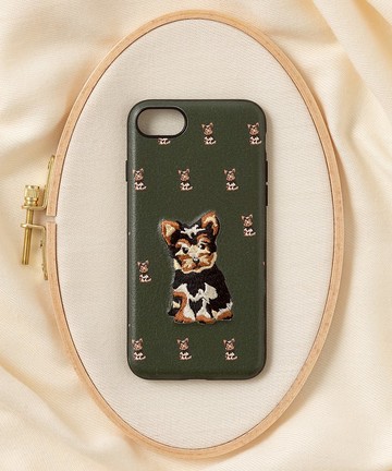 立體刺繡手機殼 iPhone SE/7/8 PBAT PU合成皮革 狗狗x深橄欖色