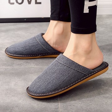 秋冬季布藝棉麻拖鞋室內防滑居家用四季通用女毛毛加絨情侶防臭男