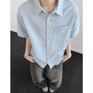 黃色系情侶美式高街夏季美式復古格子翻領寬鬆短袖襯衫男百搭潮流休閒短袖襯衫 短袖男襯衣 夏季半袖襯衣 夏季美式翻領襯衫
