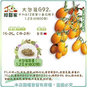 【綠藝家】大包裝G92.凰利612黃果小番茄種子1.2克(約800顆)