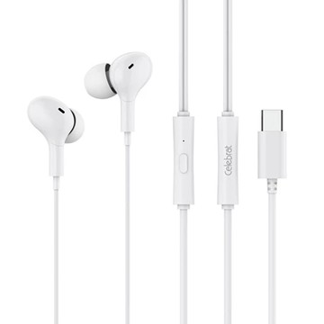 Celebrat TYPE-C 入耳式耳機 D13，120cm，無損音質，立體聲  白色