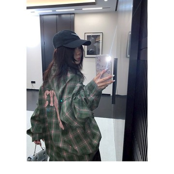 【RICECAKE & OISIS】美式格子 字母刺繡 長袖襯衫 高級感 百搭 oversize 外套 女