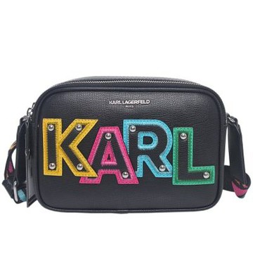 KARL LAGERFELD 卡爾老佛爺彩色大字母背帶防刮皮革相機斜背包(黑)