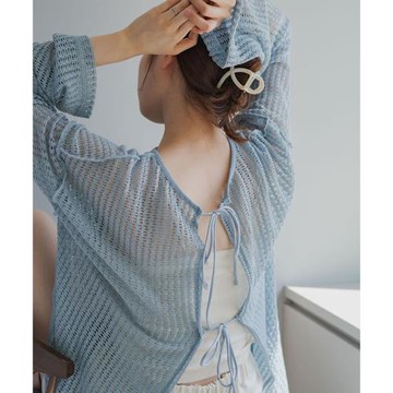 夏季日系KAS前后2WAY鏤空鉤花蝴蝶結系帶甜美百搭蕾絲衫開衫罩衫