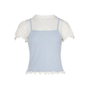 Adidas Slim Tee 女款 粉藍色 泡泡袖 假兩件式 荷葉邊 合身 短版 上衣 短袖 KY3298