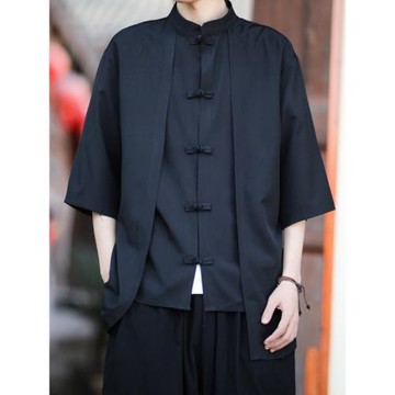 假兩件唐裝男夏冰絲短袖襯衫套裝新中式男裝國風盤扣漢服兩件衣服