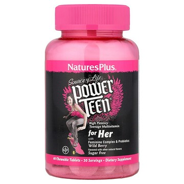 NaturesPlus, Source of Life，Power Teen，適合女士，無糖，天然野生漿果味，60片咀嚼片