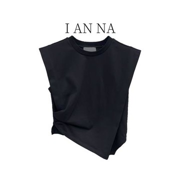 辣妹黑色不規則短款上衣夏季女裝修身背心設計感小眾無袖坎肩t恤