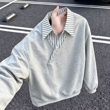 黑色假兩件條紋襯衫領衛衣男款春季痞帥高級感長袖polo衫內搭上衣