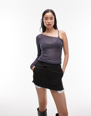 Topshop premium one shoulder double layer top in slate-Grey