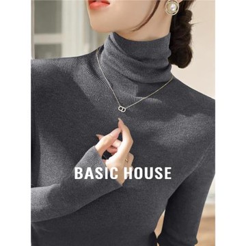 Basic House/百家好高領羊毛打底衫女秋季修身內搭堆堆領針織上衣