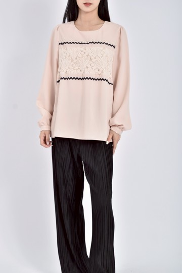 (S) vibe韓牌質感花紋杏色長袖上衣