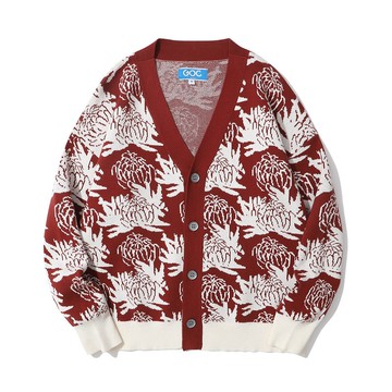 GOC Studio 全棉菊花圖案長袖針織外套 - 櫻桃色白色大菊花