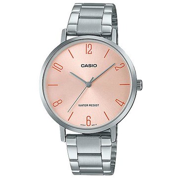 【CASIO 卡西歐】時尚簡約 指針女錶 不鏽鋼錶帶 淡粉色錶面 生活防水 (LTP-VT01D-4B2)