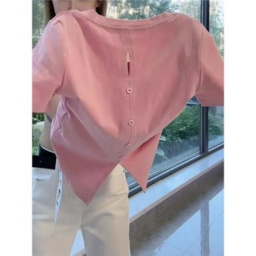 法式時尚純棉設計感開叉短袖T恤女夏季大碼胖MM顯瘦修身圓領上衣