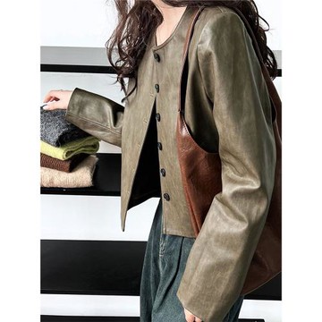 無領正肩咖綠色短款小皮衣外套女港風高腰2025年春秋新款歐貨爆款