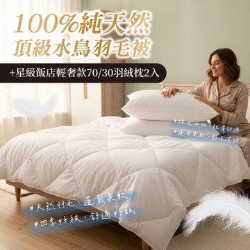 岱思夢 100%純天然頂級水鳥羽毛被+星級飯店70/30羽絨枕2入 台灣製造 棉被 冬被 厚被 被胎 被芯