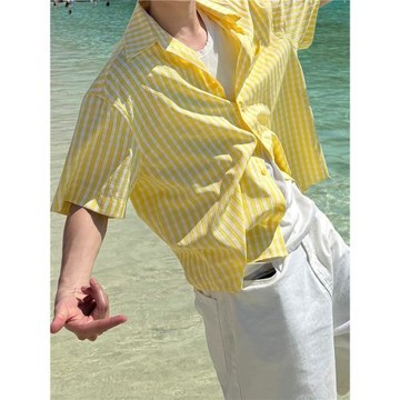 美式潮牌多巴胺百搭黃條紋襯衫男夏季海島度假風寬松休閑短袖襯衣