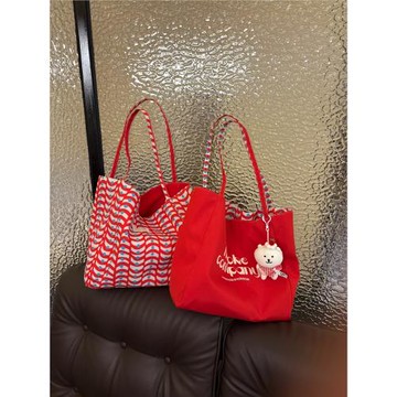 韓系紅色休閑格紋帆布包包女大容量字母單肩托特包雙面背通勤布袋