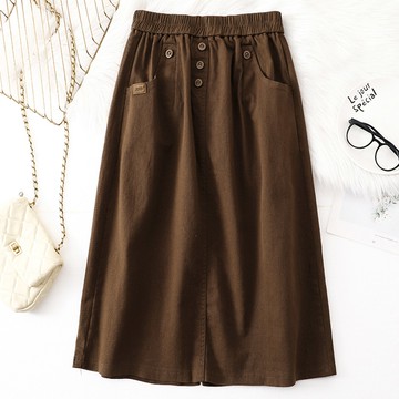 【ACheter】文藝復古純色半身裙鬆緊高腰紐扣顯瘦通勤A字中長裙# 124292