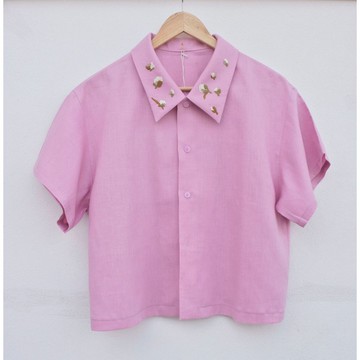 刺繡 | 亞麻 | 粉色短版襯衫