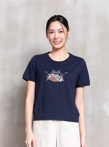 繁花織籃刺繡圓領T恤