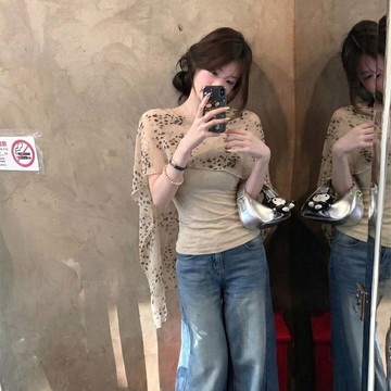 豹紋披肩無袖女夏法式收腰修身顯瘦設計感純夏季短款假兩件上衣短袖上衣 短款T恤 韓版上衣 辣妹上衣 夏日穿搭 修身上衣 設