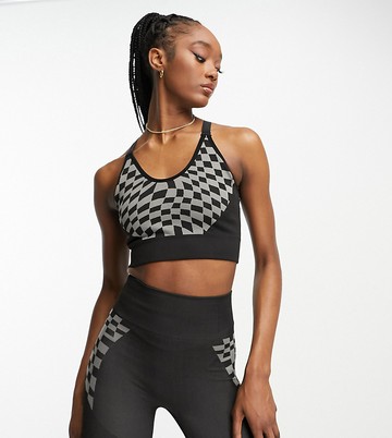 Urban Threads Tall seamless racer back crop top in checkerboard print-Black