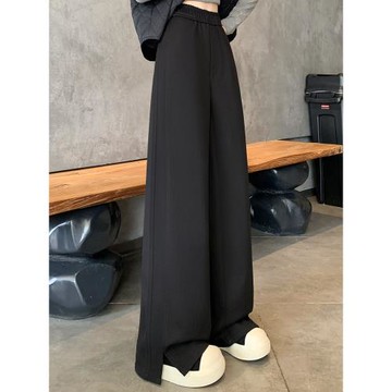 黑色慵懶松弛感糯米褲子女秋冬季寬松高腰直筒窄版毛呢闊腿褲垂感