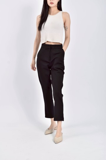 (XS（含）以下) ju min高腰質感鬆緊腰黑色長褲