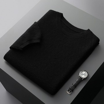 【巴黎精品】100%羊毛毛衣短袖針織衫-簡約螺紋圓領男上衣5色a1ie8