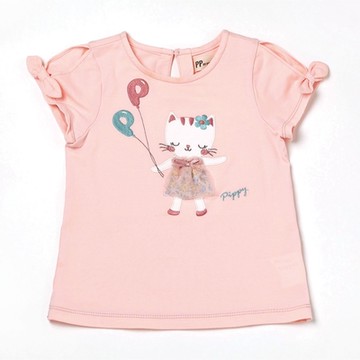 PIPPY甜美貓咪刺繡蝴蝶結袖圓領棉質上衣-粉 下45折