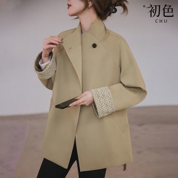 初色 韓系拼接花邊鏤空寬鬆中長款立領長袖風衣外套女外套-卡其色-16325(M-XL可選)