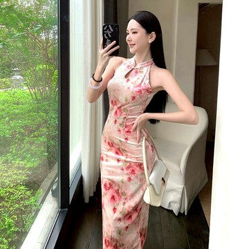 【隔日到】特價新款 S-L復古國風溫柔粉色印花性感新中式絲絨旗袍包臀無袖洋裝禮服年會度假休閒聚會派對約會patty裝扮