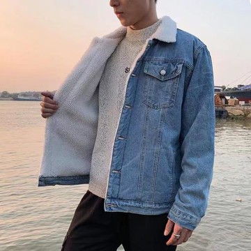 秋冬款淺色牛仔外套男加絨加厚羊羔絨夾克男士韓版修身學生棉衣服