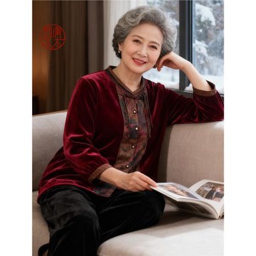 奶奶春季新款襯衫國風新中式金絲絨中老年媽媽裝秋裝洋氣開衫上衣