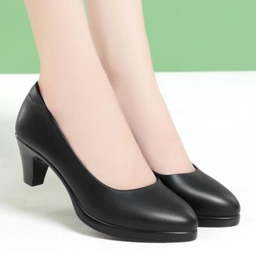 真皮工作鞋圓頭肯德基黑皮鞋中跟粗跟職業鞋空姐通勤正裝女鞋單鞋