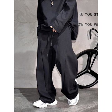 冬季加絨加厚寬松闊腿彎刀直筒衛褲男痞帥垂墜堆疊感針織運動長褲