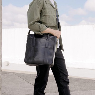 【聖誕節禮物】兩用植鞣皮革直式托特包 經典黑 側背包 送禮