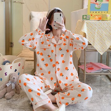 純棉睡衣女春夏薄款長袖開衫甜美簡約ins套裝休閑寬松全棉家居服