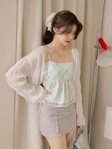 碎花收腰A字層次下襬肩帶背心