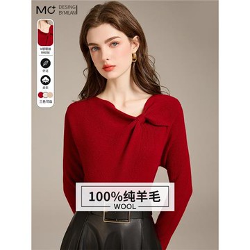 2025秋冬新款100%羊毛衫氛圍感過年紅色針織衫女時尚蝴蝶結毛衣