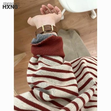 【美式復古酒紅色撞色條紋】休閒長袖衛衣 設計感寬鬆圓領套頭上衣 大學T 長袖上衣 套頭長袖 衛衣女 上衣 長袖T恤女 薄