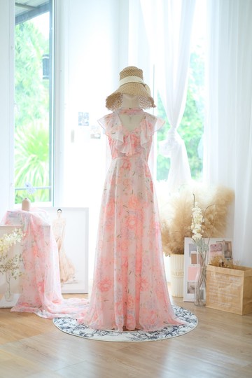 蜜桃色印花連衣裙 伴娘禮服 宴會長禮服