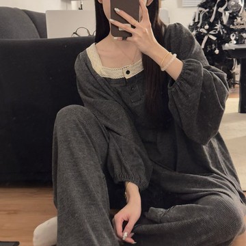【M-5XL大尺碼】大尺碼女裝 睡衣套裝 睡衣 女生睡衣 大碼胖MM秋冬新款睡衣女長袖長褲花邊高級感復古宮廷風家居服套裝