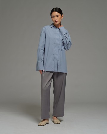 Unisex：拼接門襟襯衫 (牛仔藍)