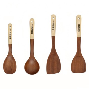 Kyhome 金柄烏檀木不粘鍋耐高溫木質廚具4件組  1套  鍋鏟 + 湯勺 + 飯勺 + 煎勺  米棕色